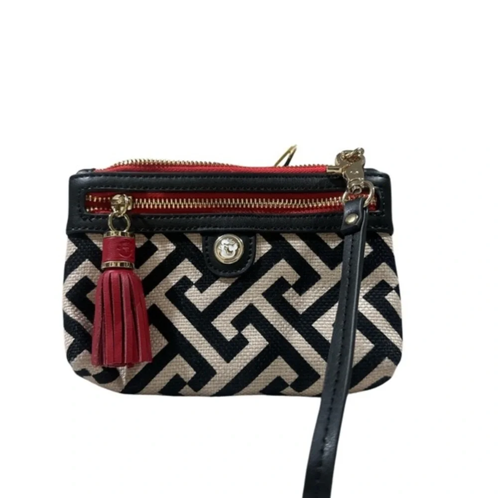 New. Spartina 449 Black and Red Geometric Clutch with Tassel